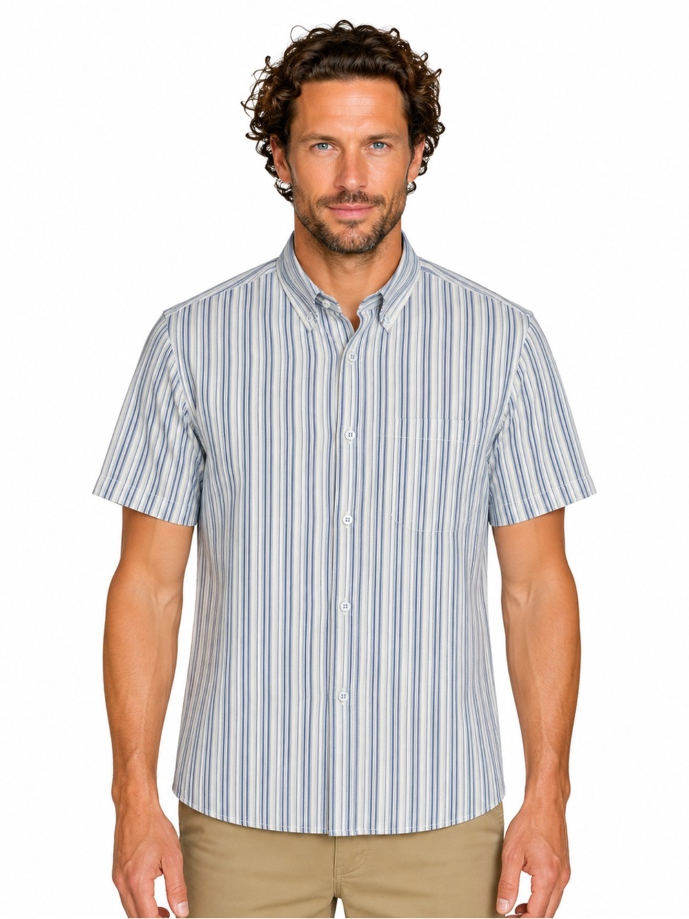 Rue St-Patrick Falkirk Pinstripe Short Sleeve Shirt Size M Slate Blue and White